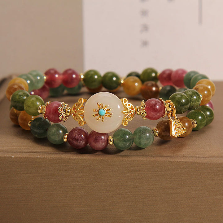 Buddha Stones Natural Multicolored Tourmaline Positive Jade Flower Double Wrap Bracelet - image 6