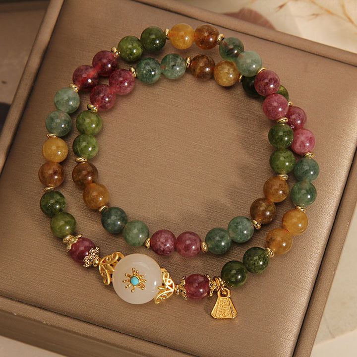 Buddha Stones Natural Multicolored Tourmaline Positive Jade Flower Double Wrap Bracelet - image 5