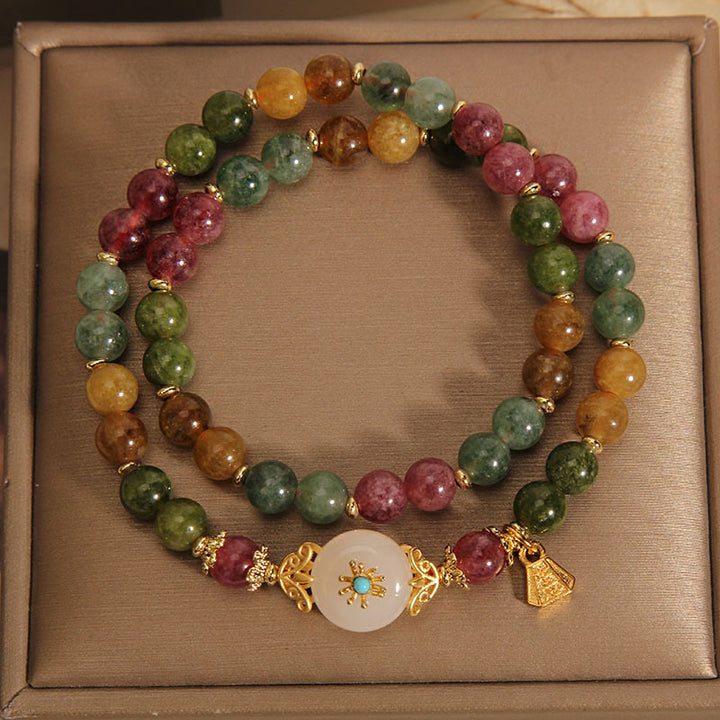 Buddha Stones Natural Multicolored Tourmaline Positive Jade Flower Double Wrap Bracelet - image 1
