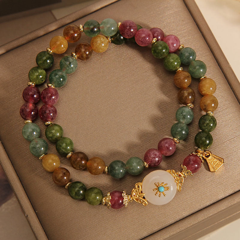Buddha Stones Natural Multicolored Tourmaline Positive Jade Flower Double Wrap Bracelet - image 4