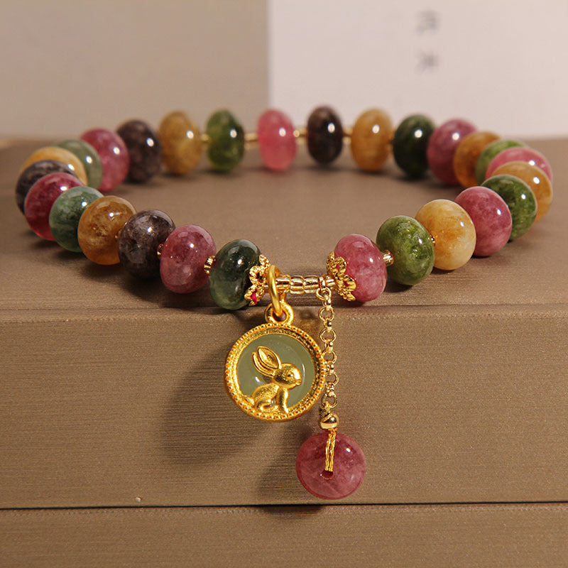Buddha Stones Natural Colorful Tourmaline Cute Rabbit Charm Positive Bracelet - Tourmaline(Positive♥Love)(Wrist Circumference 14-16cm) - image 0