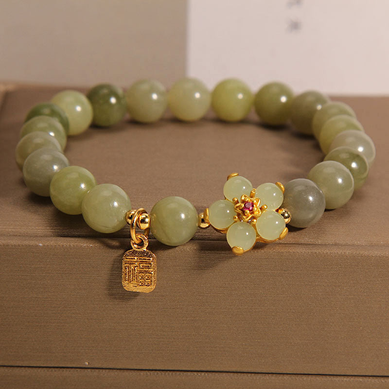 Buddha Stones Green Jade Flower Fu Character Charm Luck Bracelet - image 1