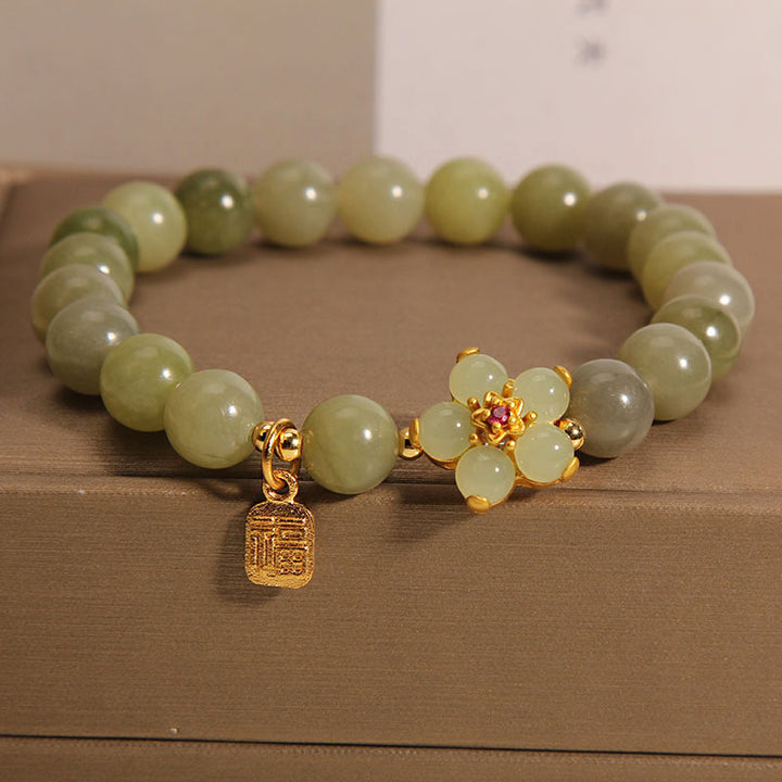 Buddha Stones Green Jade Flower Fu Character Charm Luck Bracelet - image 1
