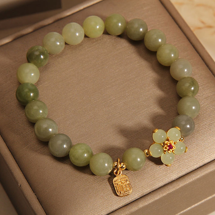 Buddha Stones Green Jade Flower Fu Character Charm Luck Bracelet - image 16