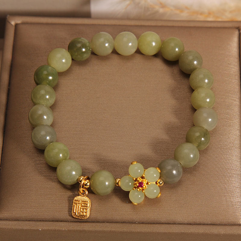 Buddha Stones Green Jade Flower Fu Character Charm Luck Bracelet - image 15