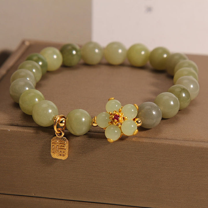 Buddha Stones Green Jade Flower Fu Character Charm Luck Bracelet - image 14