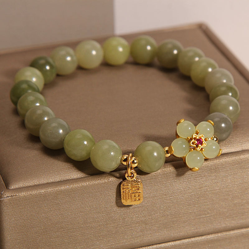 Buddha Stones Green Jade Flower Fu Character Charm Luck Bracelet - image 13