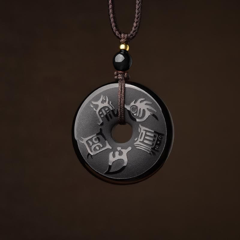 Buddha Stones Black Obsidian Taoism Five Sacred Mountains Carved Strength Peace Buckle Necklace Pendant Key Chain Phone Hanging Decoration - Necklace - image 1