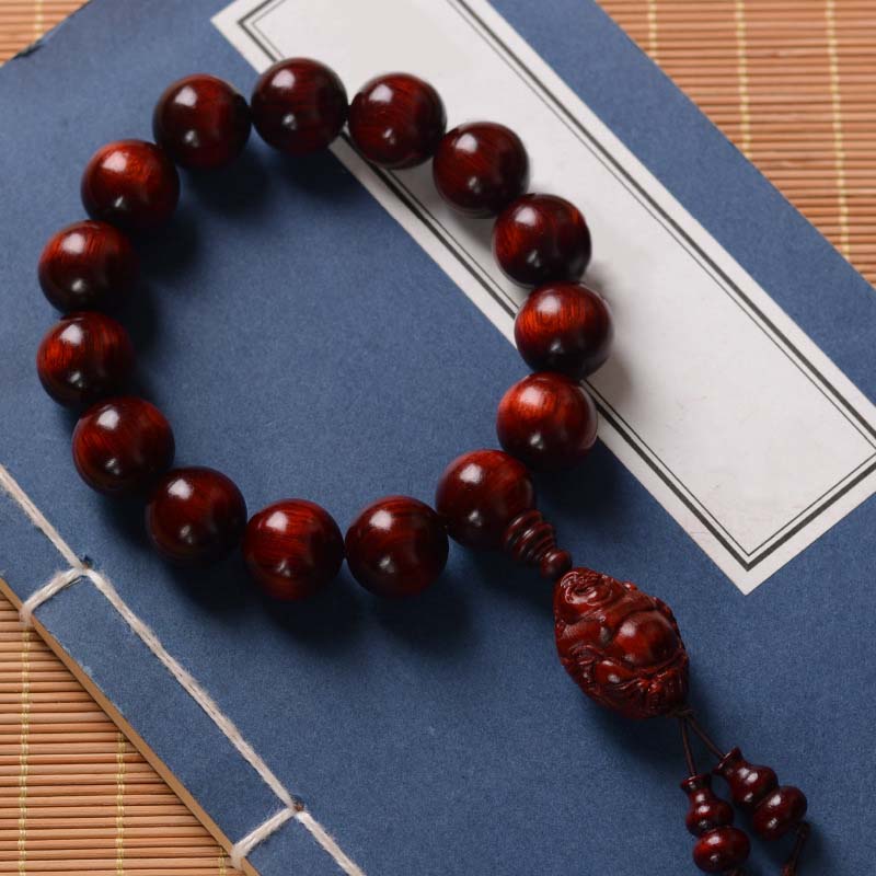 Buddha Stones Small Leaf Red Sandalwood Laughing Buddha God of Wealth Protection Bracelet - 15mm(Wrist Circumference 15-17.5cm) - Laughing Buddha - image 0