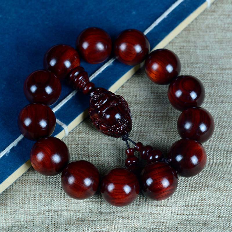 Buddha Stones Small Leaf Red Sandalwood Laughing Buddha God of Wealth Protection Bracelet - 18mm(Wrist Circumference 15-18.5cm) - Laughing Buddha - image 11