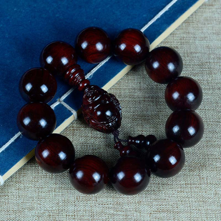 Buddha Stones Small Leaf Red Sandalwood Laughing Buddha God of Wealth Protection Bracelet - 20mm(Wrist Circumference 18-20cm) - Laughing Buddha - image 18