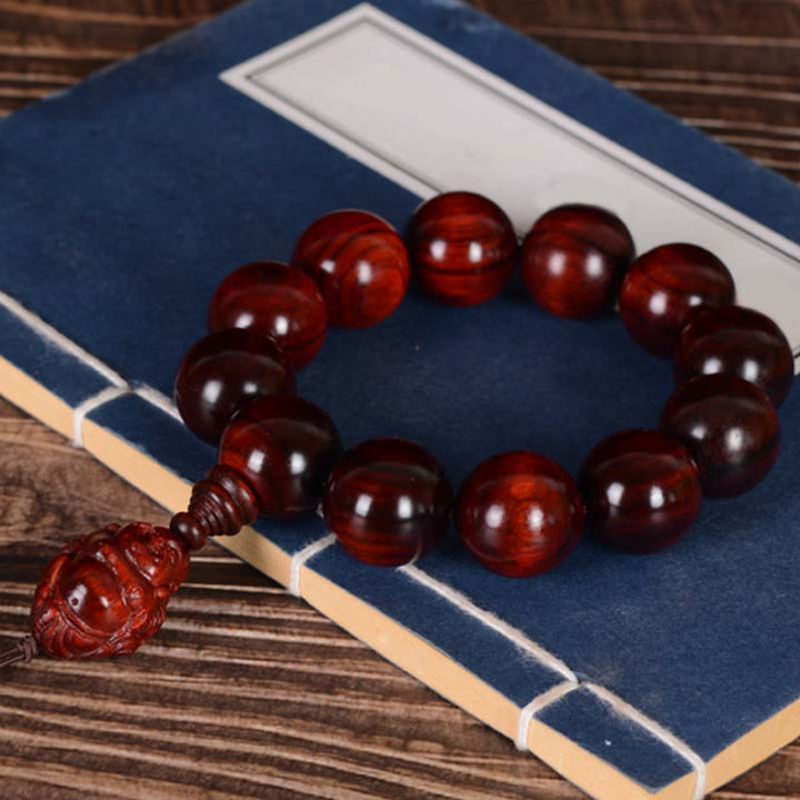 Buddha Stones Small Leaf Red Sandalwood Laughing Buddha God of Wealth Protection Bracelet - image 19