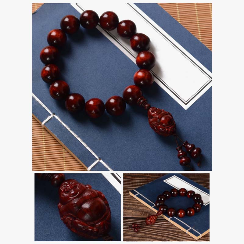 Buddha Stones Small Leaf Red Sandalwood Laughing Buddha God of Wealth Protection Bracelet - image 8