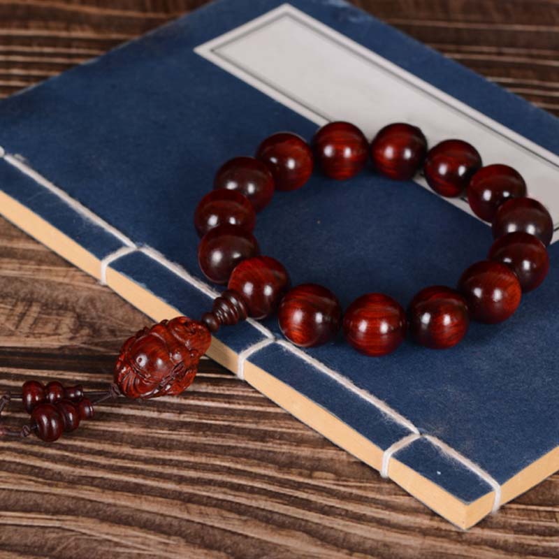 Buddha Stones Small Leaf Red Sandalwood Laughing Buddha God of Wealth Protection Bracelet - image 3
