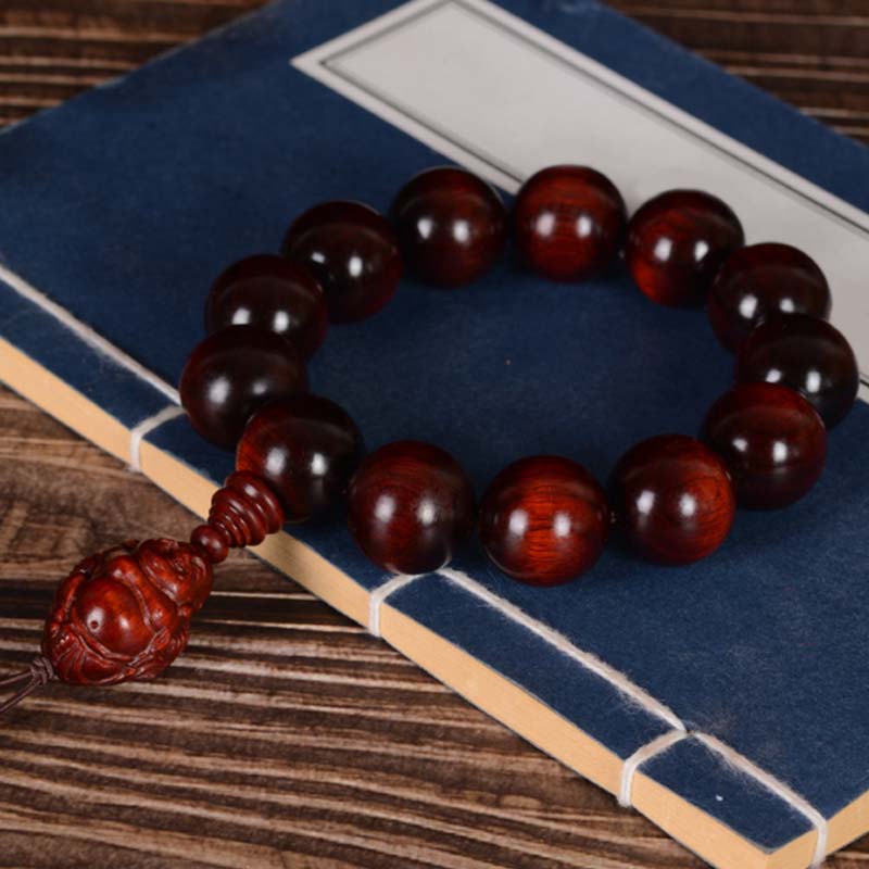 Buddha Stones Small Leaf Red Sandalwood Laughing Buddha God of Wealth Protection Bracelet - image 15