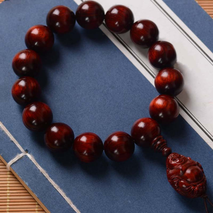 Buddha Stones Small Leaf Red Sandalwood Laughing Buddha God of Wealth Protection Bracelet - image 4