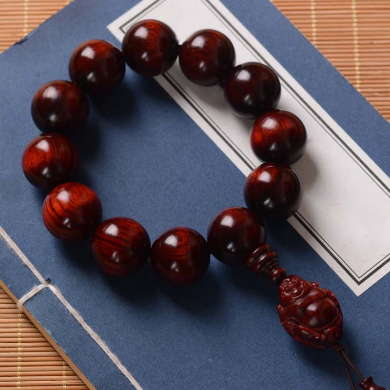 Buddha Stones Small Leaf Red Sandalwood Laughing Buddha God of Wealth Protection Bracelet - image 20