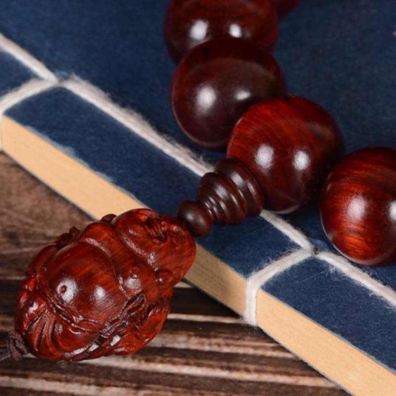 Buddha Stones Small Leaf Red Sandalwood Laughing Buddha God of Wealth Protection Bracelet - image 6