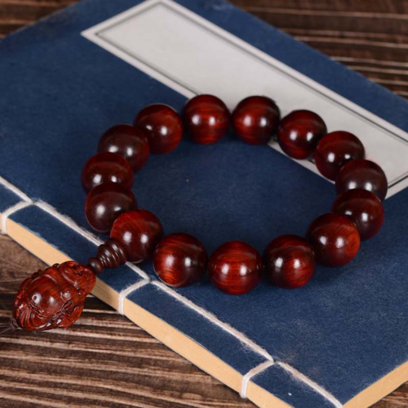 Buddha Stones Small Leaf Red Sandalwood Laughing Buddha God of Wealth Protection Bracelet - image 5