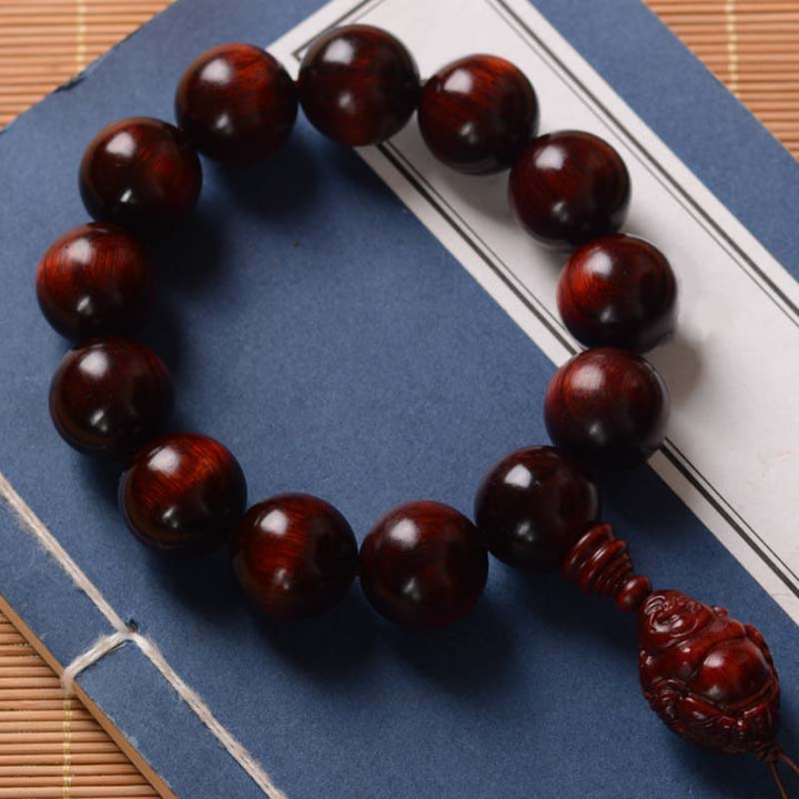 Buddha Stones Small Leaf Red Sandalwood Laughing Buddha God of Wealth Protection Bracelet - image 16