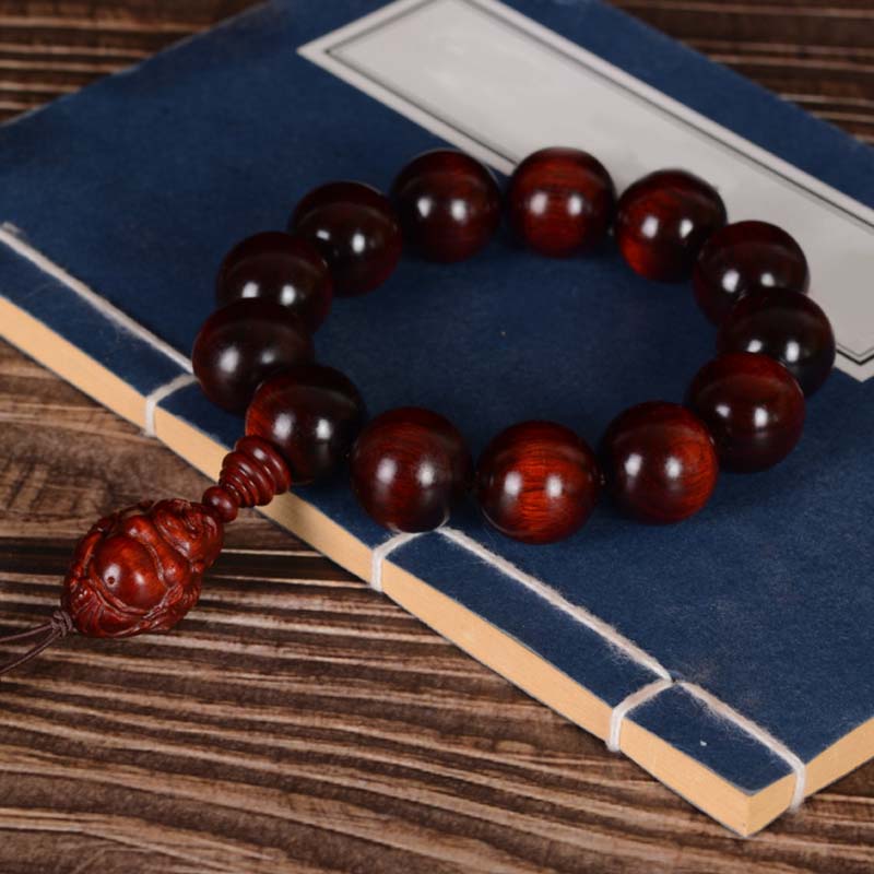 Buddha Stones Small Leaf Red Sandalwood Laughing Buddha God of Wealth Protection Bracelet - image 14