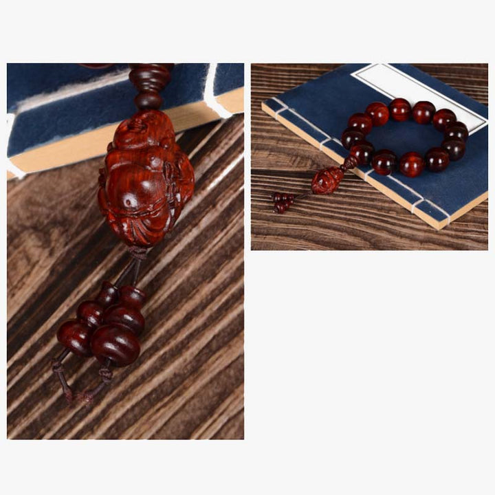 Buddha Stones Small Leaf Red Sandalwood Laughing Buddha God of Wealth Protection Bracelet - image 9