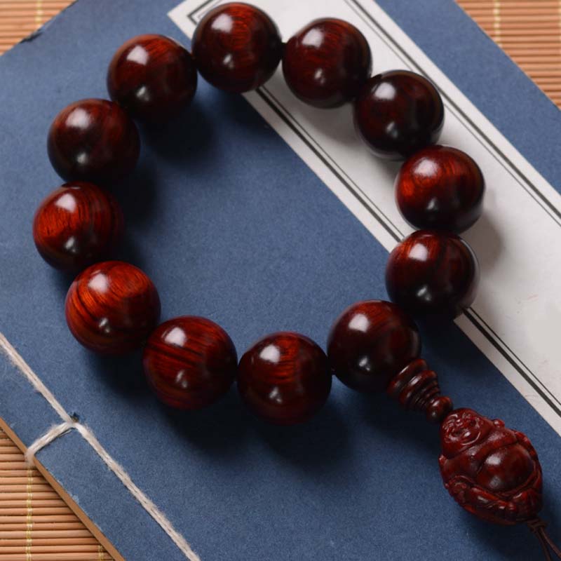 Buddha Stones Small Leaf Red Sandalwood Laughing Buddha God of Wealth Protection Bracelet - image 21