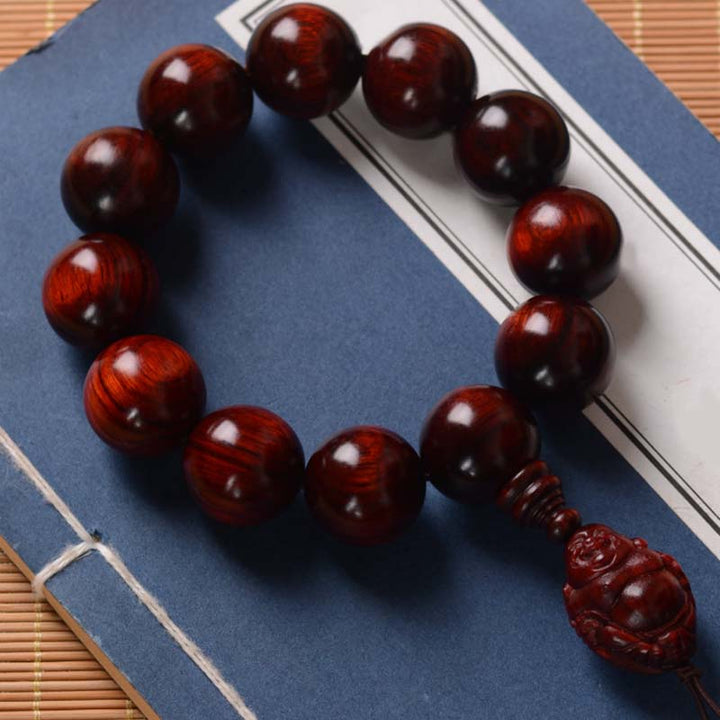 Buddha Stones Small Leaf Red Sandalwood Laughing Buddha God of Wealth Protection Bracelet - image 21