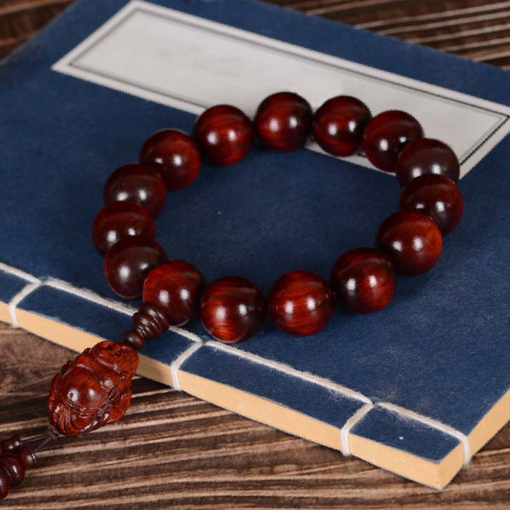 Buddha Stones Small Leaf Red Sandalwood Laughing Buddha God of Wealth Protection Bracelet - image 2
