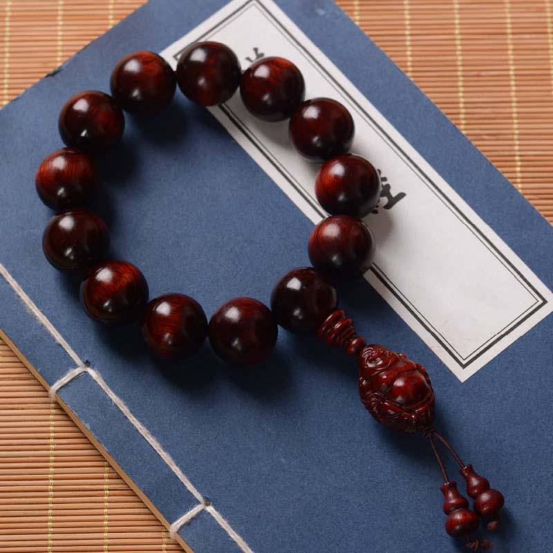 Buddha Stones Small Leaf Red Sandalwood Laughing Buddha God of Wealth Protection Bracelet - image 12