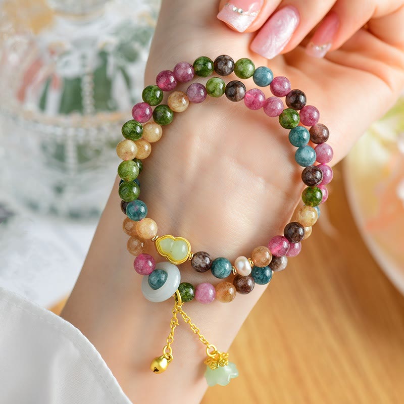 Buddha Stones Multicolored Tourmaline Gourd Wisdom Double Wrap Lily Of The Valley Charm Bracelet - Tourmaline(Positive♥Love)(Wrist Circumference 14-16cm)Double Wrap - image 0