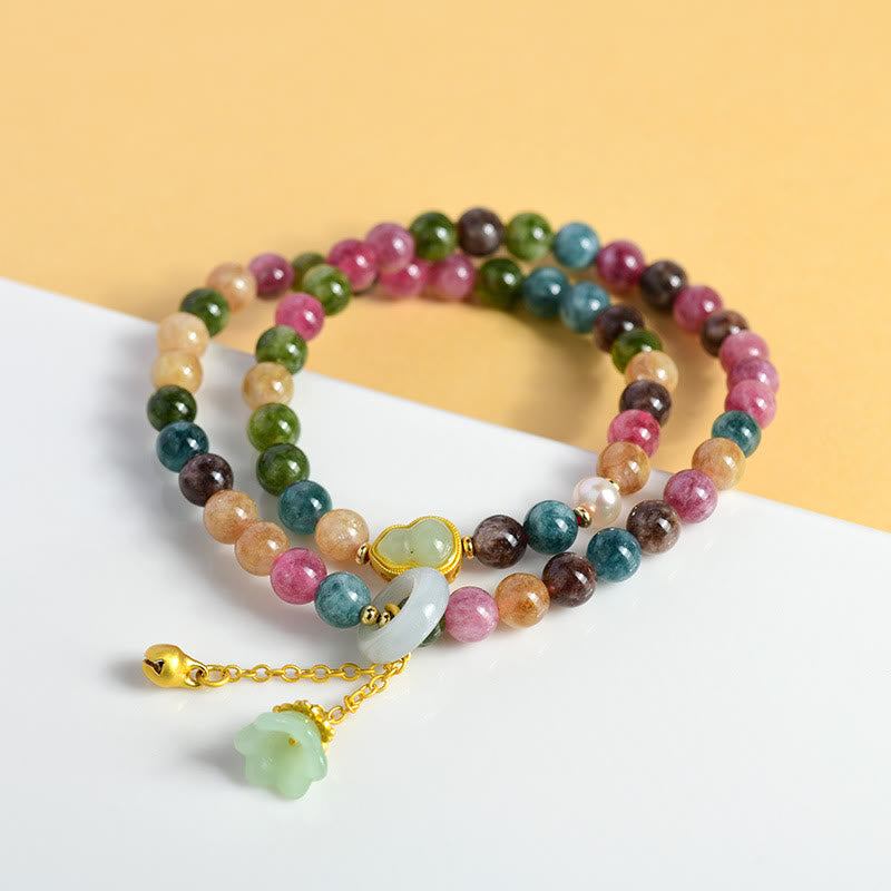 Buddha Stones Multicolored Tourmaline Gourd Wisdom Double Wrap Lily Of The Valley Charm Bracelet - image 1