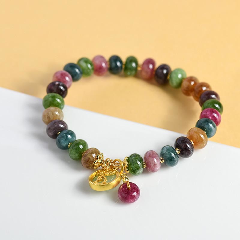 Buddha Stones Colorful Tourmaline Cute Flower Rabbit Charm Love Bracelet - image 3