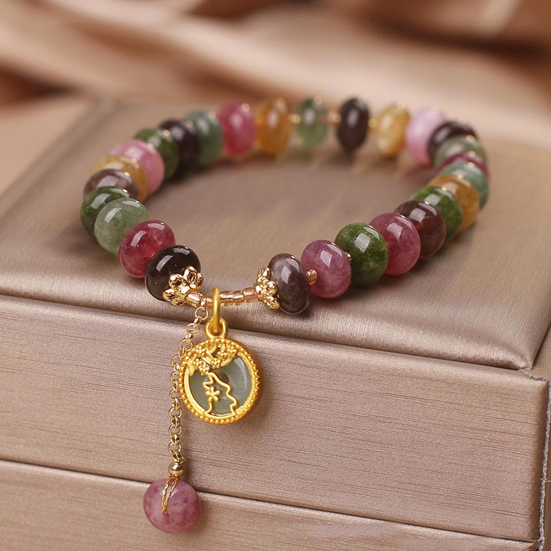 Buddha Stones Colorful Tourmaline Cute Flower Rabbit Charm Love Bracelet - image 13