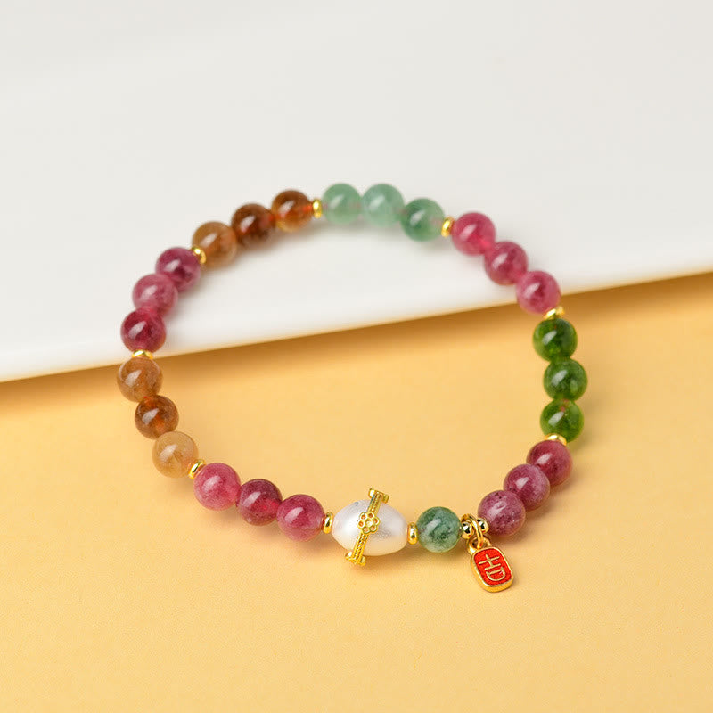 Buddha Stones Natural Multicolored Tourmaline Pearl Auspicious Character Charm Wisdom Bracelet - image 2