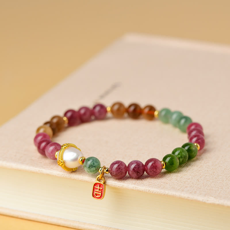 Buddha Stones Natural Multicolored Tourmaline Pearl Auspicious Character Charm Wisdom Bracelet - image 4