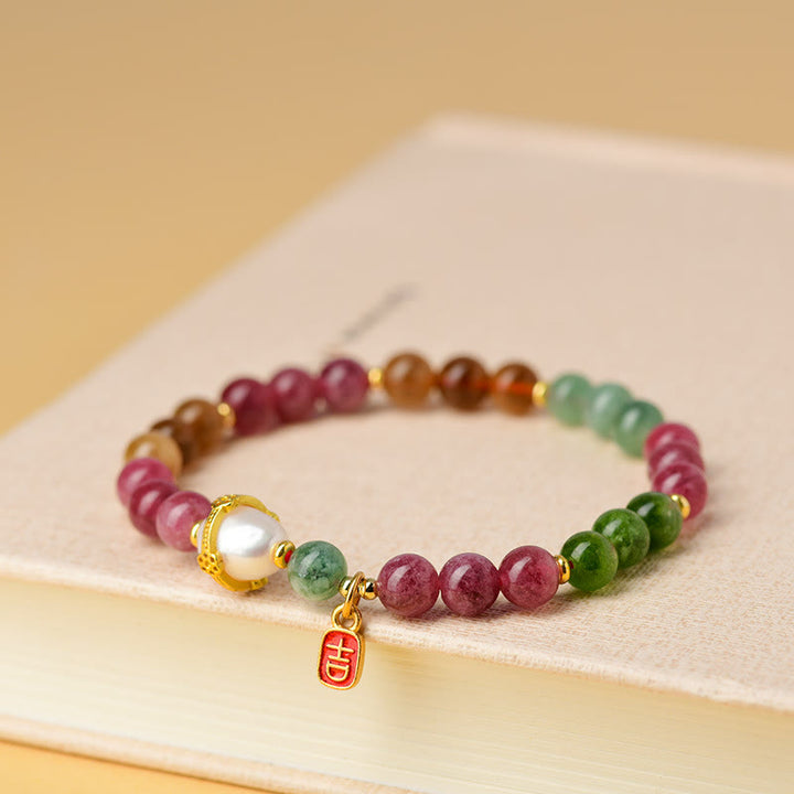 Buddha Stones Natural Multicolored Tourmaline Pearl Auspicious Character Charm Wisdom Bracelet - image 4