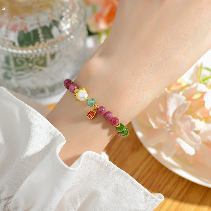 Buddha Stones Natural Multicolored Tourmaline Pearl Auspicious Character Charm Wisdom Bracelet - image 5