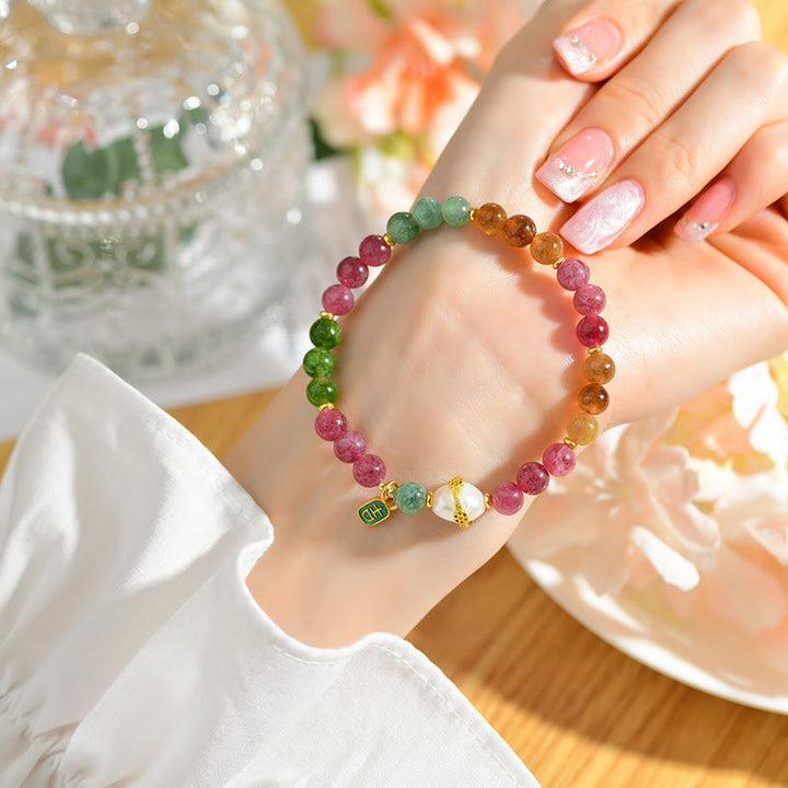 Buddha Stones Natural Multicolored Tourmaline Pearl Auspicious Character Charm Wisdom Bracelet - Tourmaline(Positive♥Love)(Wrist Circumference 14-16cm) - image 0