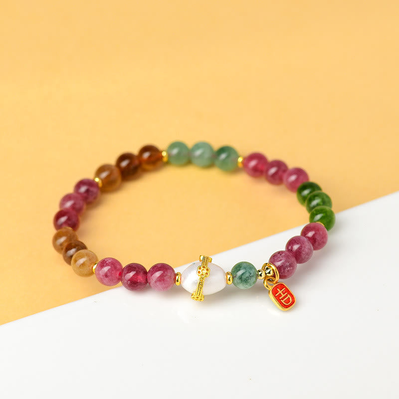 Buddha Stones Natural Multicolored Tourmaline Pearl Auspicious Character Charm Wisdom Bracelet - image 3
