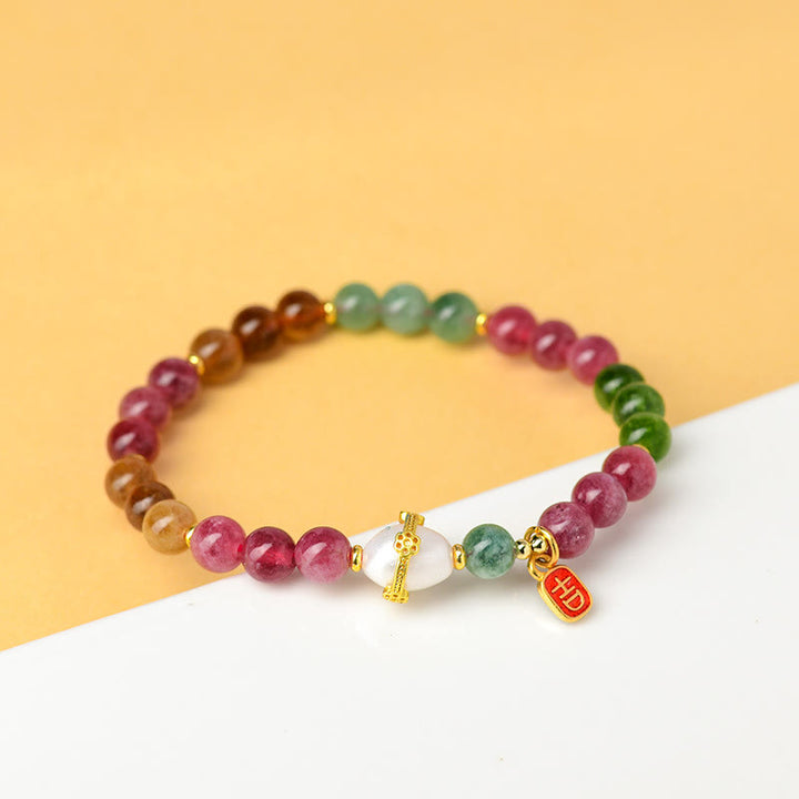 Buddha Stones Natural Multicolored Tourmaline Pearl Auspicious Character Charm Wisdom Bracelet - image 3