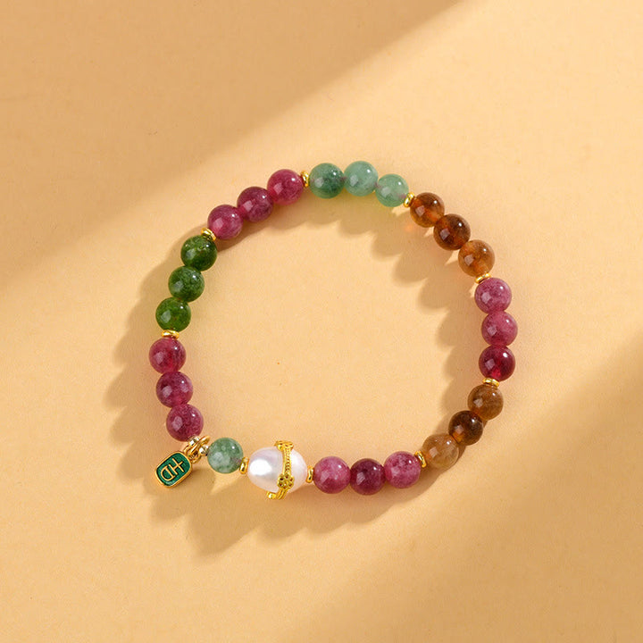 Buddha Stones Natural Multicolored Tourmaline Pearl Auspicious Character Charm Wisdom Bracelet - image 1