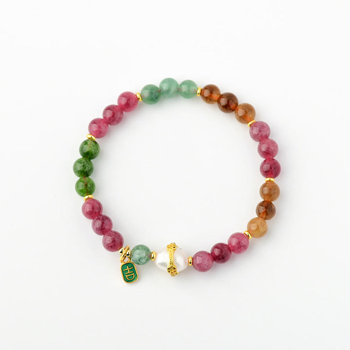 Buddha Stones Natural Multicolored Tourmaline Pearl Auspicious Character Charm Wisdom Bracelet - image 6