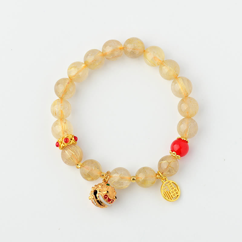 Buddha Stones Natural Golden Rutilated Quartz Fu Character Charm Bell Wealth Bracelet - image 4