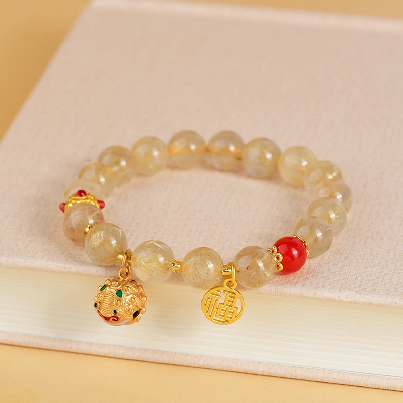 Buddha Stones Natural Golden Rutilated Quartz Fu Character Charm Bell Wealth Bracelet - image 5