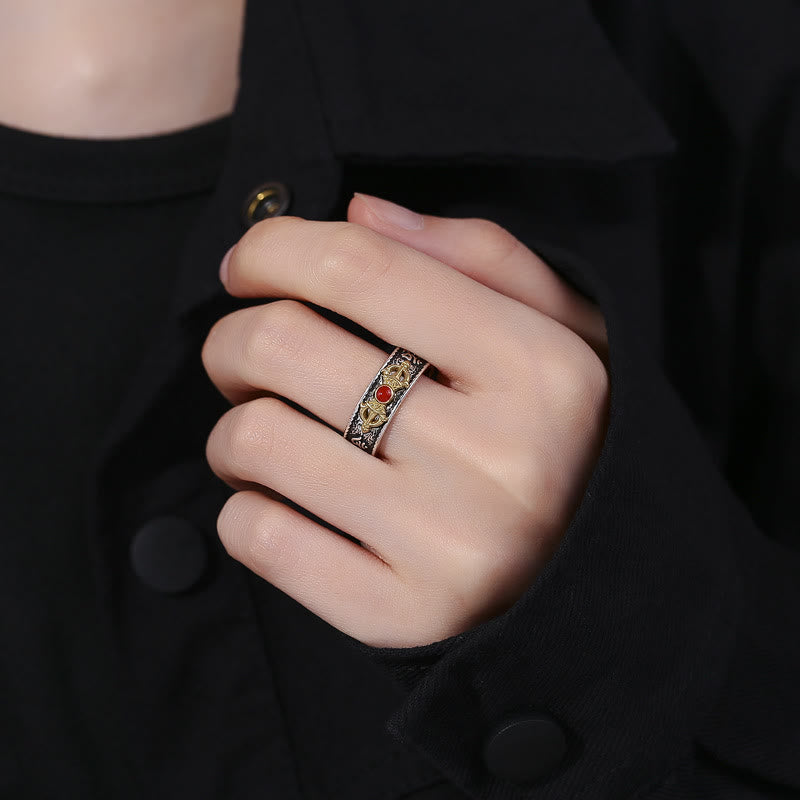 Buddha Stones Tibetan Om Mani Padme Hum Red Agate Dorje Vajra Design Wisdom Ring - image 4