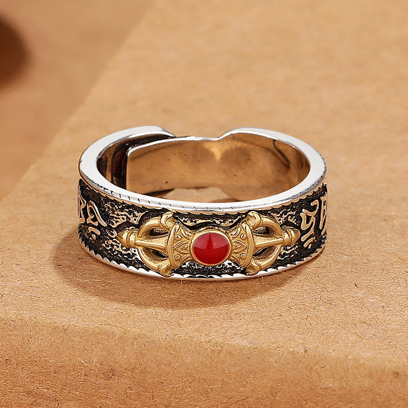 Buddha Stones Tibetan Om Mani Padme Hum Red Agate Dorje Vajra Design Wisdom Ring - image 1