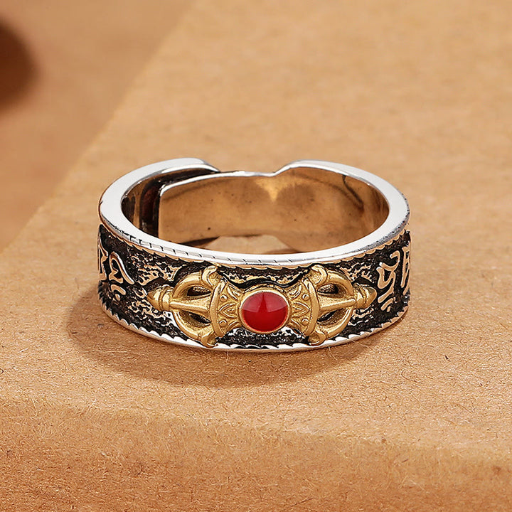 Buddha Stones Tibetan Om Mani Padme Hum Red Agate Dorje Vajra Design Wisdom Ring - image 1