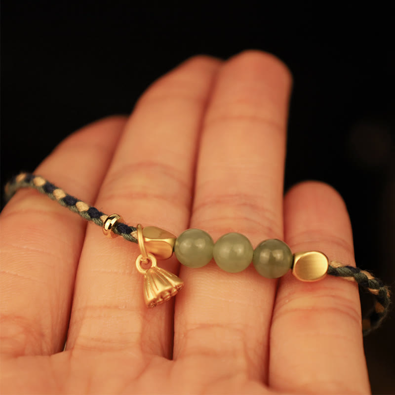 Buddha Stones Handcrafted Hetian Jade Lotus Charm Luck Braided Bracelet - image 5