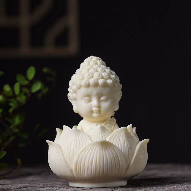 Buddha Stones Mini Ivory Fruit Tathagata Buddha Lotus Kwan Yin Avalokitesvara Manjusri Samantabhadra Serenity Desk Decoration - Tathagata&Lotus 8.5*4.5*4.5cm - image 0